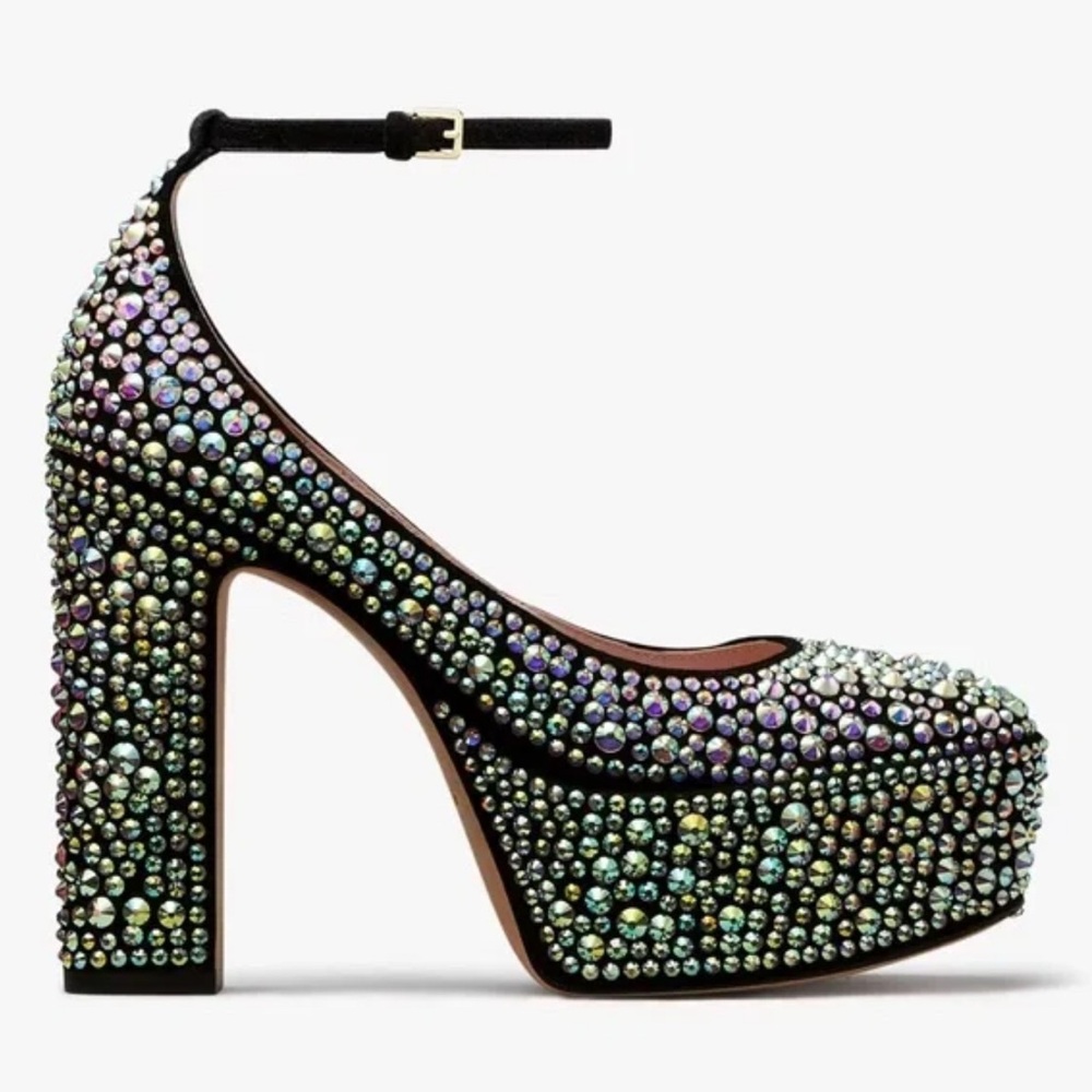 ♠️ Kate Spade Gia Pave Black Suede Crystals Embellished Platform Pumps Heels